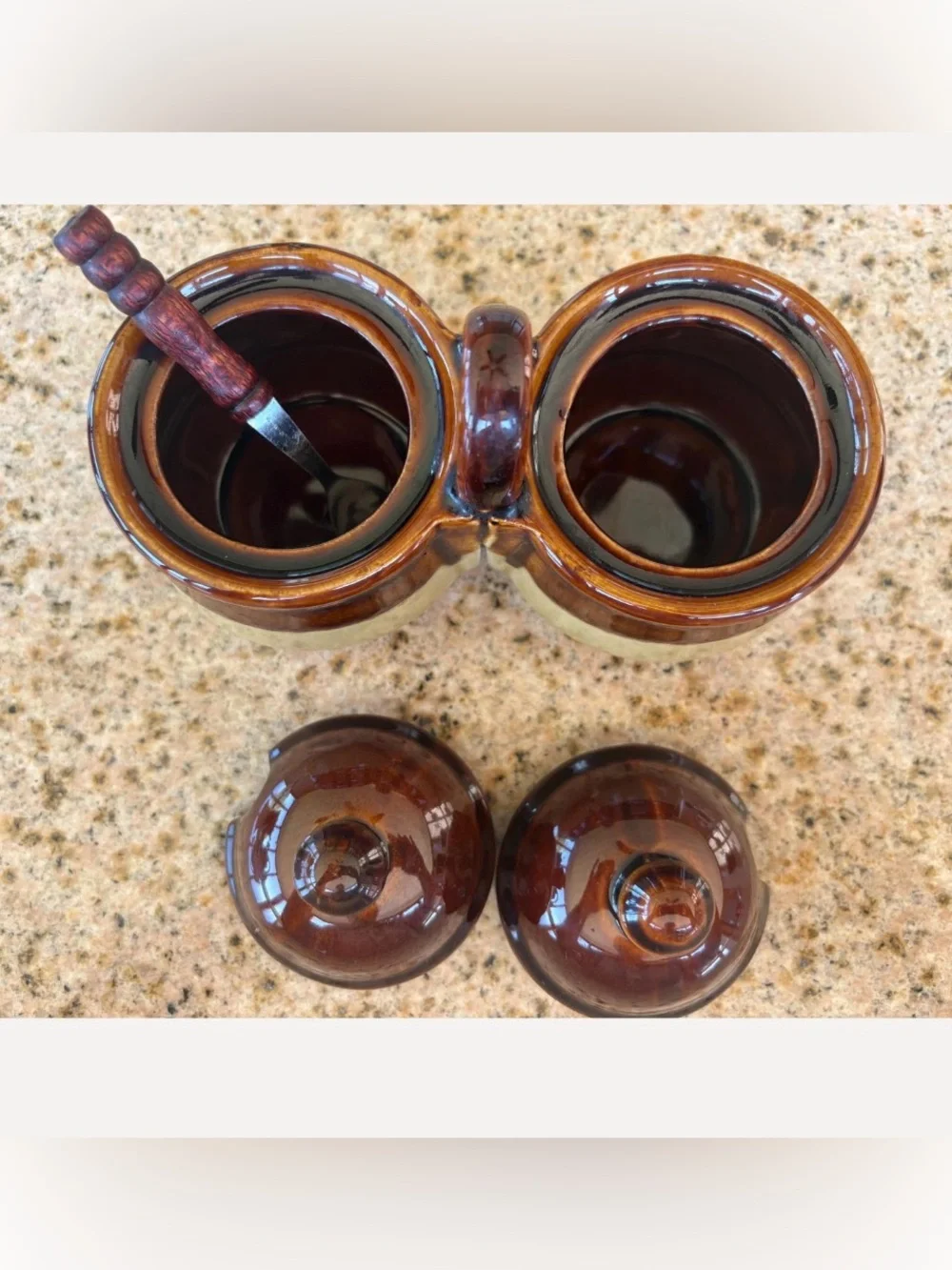 Double Ceramic Condiment Server Set in Brown and Cream with Wooden Spoon